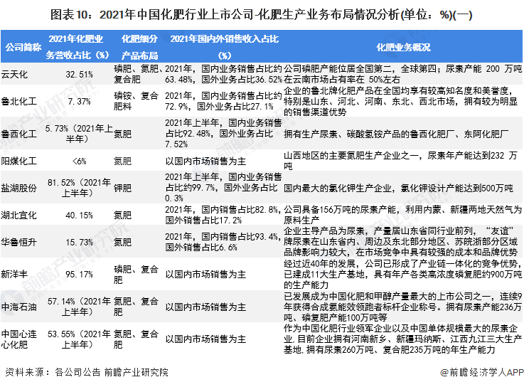 图表10：2021年中国化肥行业上市公司-化肥生产业务布局情况分析(单位：%)(一)