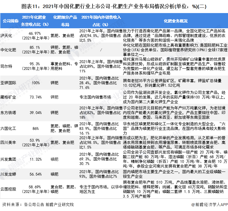 图表11：2021年中国化肥行业上市公司-化肥生产业务布局情况分析(单位：%)(二)